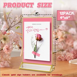 TonGass (12-Pack) 4x6 Standard Double-Sided Acrylic Wedding Table Numbers Picture Frames, Clear Sign Holders with 3mm Gold Border & Vertical Stand