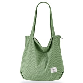 KALIDI Corduroy Bag, Women's Shoulder Bag with Zip, Large Shopper Bag, Tote Bag, Handbag, Shoulder Bags for Work, Office, Travel, Shopping, School and Everyday Use, Grass-green