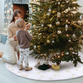 JOYUE Round Christmas Tree Skirt 90 cm Christmas Tree Skirt with Gold Snowflakes, Christmas Tree Skirt White Plush Faux Fur, Christmas Tree Skirt, Christmas Tree Stand Blanket for Christmas (Gold)