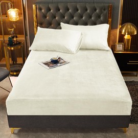 Plush Fitted Sheet Set, 90 x 200 cm, Beige, White, Warm, Winter, Box Spring Bed, Bed Sheet, Terry Cloth, Microfleece, for Tall Mattresses