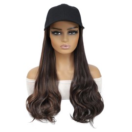 AliRobam Hat Wigs Long Baseball Cap Wig with Wavy Ends Synthetic Hair Extensions attached for Women girls Adjustable Wig Hat (Mix dark brown, 20inch)