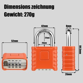 4-Digit Heavy Combination Lock, Diyife 52 mm Heavy Duty Padlock with 8 mm Thick Shackle, Made of 304 Stainless Steel, Waterproof and Theft-Proof for Yard, Fence, Garages, Gates - Orange