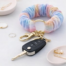 Scrunchie Keychain Wristlet Bracelet, 3 Pcs Stretchy Key Ring Elastic Wrist Holder Keychain for Women (White + Gray + Black)