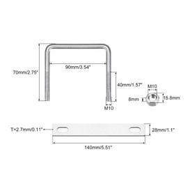 sourcing map U Bolts U Bolts M10 x 90 mm x 70 mm Square U Shackle Bolt 304 Stainless Steel U-Bolts with Nut Plate Bracket Clamp Fence Attachment for Roof Box Car Pipe Towing