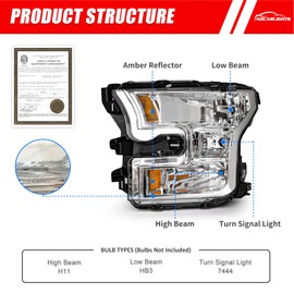 ADCARLIGHTS Headlights Compatible with Ford F-150 2015-2017 Headlamp with Chrome Housing Amber Reflector Driver and Passenger Side (Not compatible on models with LED or HID headlights)