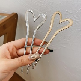 2pcs Metal Heart Hairpins Golden Silver Pins Hair Stick Metal U-shaped Hair Fork Sticks For Long Hair Hair Stick