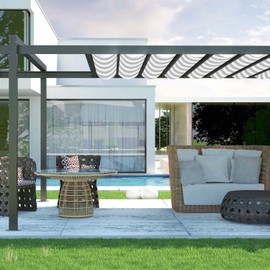E&K Sunrise 7' x 28' Sun Shade Sail Straight Edge Rectangle Canopy Shade Cover with D-Ring Grommets UV Block for Outdoor Pergola Backyard Garden Patio Deck (Gray White Strip)