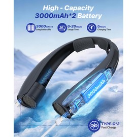 Portable Neck Fan, 20H RunTime Cooling Fan, 6 Speeds 360° Airflow Personal Fan, Rechargeable Hands Free with 6000mAh Battery Wearable fan Gifts for Women Men Outdoor Travel Camping