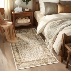 Natural Beige Area Rugs 3x5 Machine Washable Non Slip Sound Absorbing Soft Faux Fur Low Pile Carpet Rugs Vintage Floral Pattern Thin Boho Accent Rug for Living Room Entrance Dining Room Patio Office