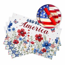 4th of July Placemats Set of 6, God Bless America Placemat for Dining Table Decorations, Cotton Linen Independence Day Place Mats, Red Blue Floral USA Flag Table Mats for Kitchen Memorial Day Party