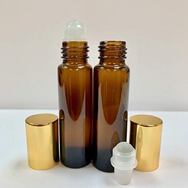 10ml [1/3 oz] EMPTY AMBER Glass Rollon Bottle with Plastic Roller & Aluminum Gold Caps [75 Pcs]