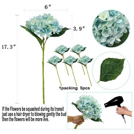 Blooming Paradise Pack of 5 Artificial Fake Flowers Plants Silk Hydrangea Arrangements Wedding Bouquets Decorations Plastic Floral Table Centerpieces Home Kitchen Garden Party Festival Bar(Blue)