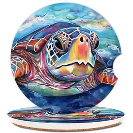 Ceramic Cup Holders Car Coasters for Women/Men,Cute Absorbent Drink Cup Car Holder Coasters with A Finger Notch 2.56" Pack of 2,Colorful Sea Turtle