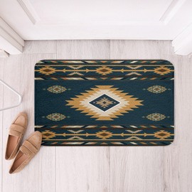 Feelyou Southwestern Native Aztec Bathroom Rugs 20"x32" Indian Tribal Geometry Bath Rugs for Shower Tub for Retro Exotic Boho Bath Mats for Bathroom Non-Slip Blue Yellow Bathroom Accossories