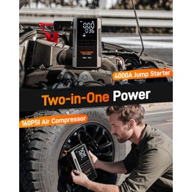 WOLFBOX 4000A Jump Starter with 160PSI Air Compressor, 12V Car Battery Booster, 65W Fast Charge, 24000mAh Portable Tire Inflator, LED Display for 10L Gas & 10L Diesel Engines, LED Light, Jumper Cables