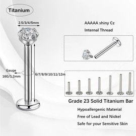 Candyfancy 16G G23 Titanium 2.5/3/4/5mm Cubic Zirconia 6/7/8/9/10/11/12mm Bar Internally Threaded Labret Studs Monroe Lip Labret Studs Helix Cartilage Tragus Helix Earrings Piercing