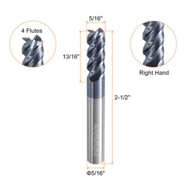 HARFINGTON 5pcs Carbide Square Nose End Mill Bit 5/16" Cut Dia 4 Flutes TiAlN Coated Milling Cutter for Hardened Steel Metal (5/16" Shank 13/16" Cut Length 2-1/2" Long 45 Degree HRC49-51)