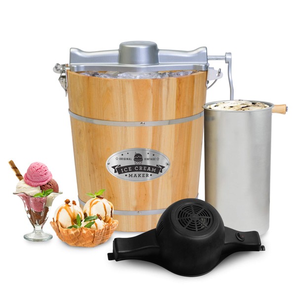 Elite Gourmet Old Fashioned 4 Quart Vintage Appalachian Wood Bucket Electric Ice Cream Maker Machine, Bonus Classic Die-Cast Hand Crank for Churning, Uses Ice and Rock Salt Churns Ice Cream in Minute