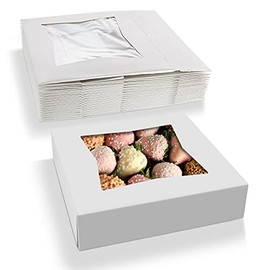 Beautiful White Colored Paperboard Pastry, Bakery Box - Keep Donuts, Cookies, Muffins Safe - Unique Auto Popup Feature And Clear Window For Visibility Size 9" L X 9" W X 2 ½ " H (15 Pieces) by MT Products