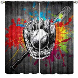 Baseball Curtains,Tie Dyed Baseball Bat Curtains for Kids Boys Teens,Colorful Hippie Sports Curtains & Drapes Living Room Decor,Ball Game Window Treatments 42x63 inch Blackout