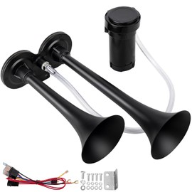AOLIHAN Train Horns Kit for Trucks, Super Loud Car Air Horn 12V 150db, Truck Horn Dual Trumpet Motorcycle Train Horn with Compressor for Any 12V Vehicles (black double tube horn with wire, 12v)