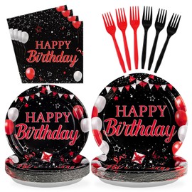 Grencian 96Pcs Red and Black Birthday Decorations Red Black Party Plates and Napkins Disposable Paper Tableware Set for Men Woman Happy Birthday Graduation Party Supplies, Serves 24