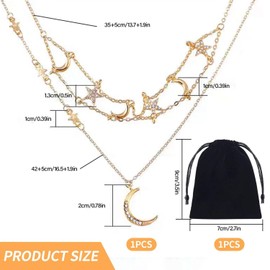 YSJCHEBS 1 x Star and Moon Chain, 1 x Storage Bag, Bohemian Style Jewellery, Fashionable Star and Moon Chain, Multi-layer Necklace, Adjustable Necklace, Metal