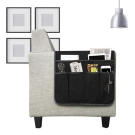 Anti-Slip Couch Sofa Armrest Organiser Chair Bedside Storage Pocket TV Remote Holder Bed Storage Pocket Bag for Cellphone Notepad Book Magazines Holder Pouch (#B2-Black (cotton + linen fabric))