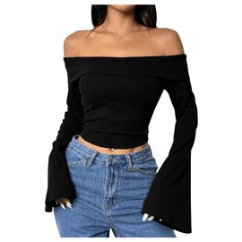 SOLY HUX Women's Long Bell Sleeve Crop Top Off The Shoulder Going Out Tops Sexy Y2K Fitted Tee Shirts Pure Black Small
