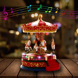 Christmas Carousel Figurines Decoration Christmas Village House Musical Carousel with 6 Moving Horses Go Round, 8 Pieces of Music Snow Globe, Music Box for Girl and Boy Kids
