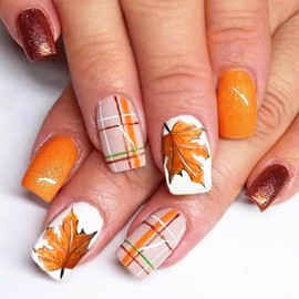 Viugex 24Pcs French Press on Nails, Medium Square False Nails, Glossy Orange Glitter Fake Nails with Maple Leaf Design, Autumn Winter Full Cover Acrylic Stick on Nail for Women Daily Holiday Wear