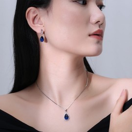 JIANGXIN Waterdrop Blue Sapphire Birthstone 925 Sterling Silver White Gold Plated Fine Jewelry Set for Women Pendant Necklace Stud Earring