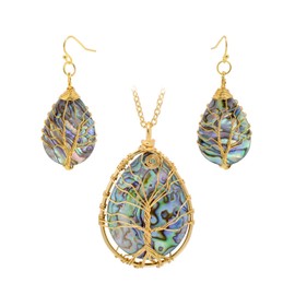 Hand Wired Tree of Life Sea Abalone Shell Jewelry Set Drop Earrings & Pendant Necklace, Yellow