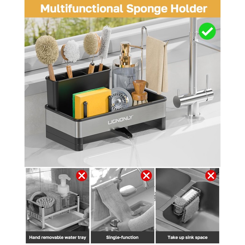 LIONONLY Kitchen Sink Organiser, Stainless Steel Sponge Holder Kitchen with