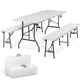 SEGAWE Folding Table Set w/2 Benches 6FT Camping Picnic Table Set Outdoor Indoor White
