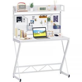 Elephance Small Gaming Desk with Pegboard, 39 Inch Computer Desk with Storage Shelves, Modern Office Desk for Study Work Home Office, Small Spaces, White