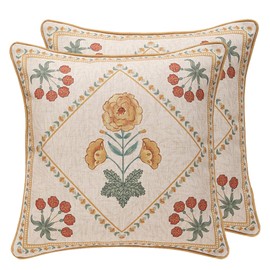 patdrea Designer Throw Pillow Covers for Couch 18"x18",Vintage French Linen Pillows Cover with Daisy Floral Pattern,Beige Soft Farmhouse Decorative Square Cushion for Bed,Living Room,Set of 2