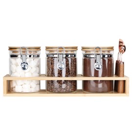 KKC Airtight Borosilicate Glass Coffee Beans, Loose Leaf Tea & Sugar Jars with Bamboo Lids & Scoop,Rack, Labels - Glass Food Storage Canisters for Pantry & Kitchen Organization - 3 Pack,27 Fl.Oz