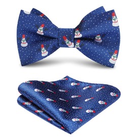 HISDERN Christmas Bow Ties and Pocket Square Set Xmas Festival Pre Tied Bowties for Men Fun Snowmen Blue Bow Tie Handkerchief Party Holiday