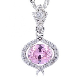 RIZILIA Pendant with 45cm(18") Chain & Oval Cut Gemstones CZ [Pink Sapphire] in 18K White Gold Plated, Simple Modern Elegance