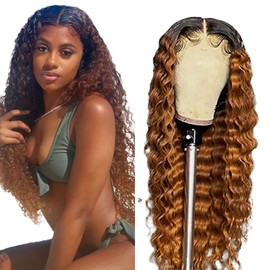 muaowig 1B30 Ombre 5X5 Deep Wave Wig Brown Color Brazilian Remy Human Hair Wigs For Women Grade 8A 100% Unprocessed Virgin Hair Lace Wig Glueless Wig 26 inch