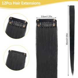 Pack of 12 Hair Extensions, Black Hairpiece Hair Strands for Clip-in, Straight Long Hairpieces, Hair Strands, 55 cm Hair Extensions Clip in for Children Women