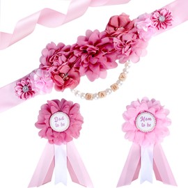 Cheerupp Dusty Pink Baby Shower Sash and Pins Set - Dusty Pink Flower Baby Shower Belly Belt and Mom to Be & Dad to Be Corsage Pins, New Parents Pregnancy Photo Props Party Supplies