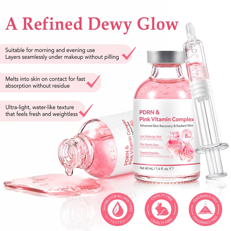 PDRN Glow Ampoule, Pink Vitamin B12 for Radiant Glass Skin,