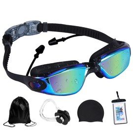BREEZEE Goggles de Natación Antivaho Ajustables, Tapones de Oido Integrados Incluye Set de Gorro de Silicona, Bolsa transportadora, Funda a Prueba de Agua y Pinza para la Nariz, para Adultos y Niños