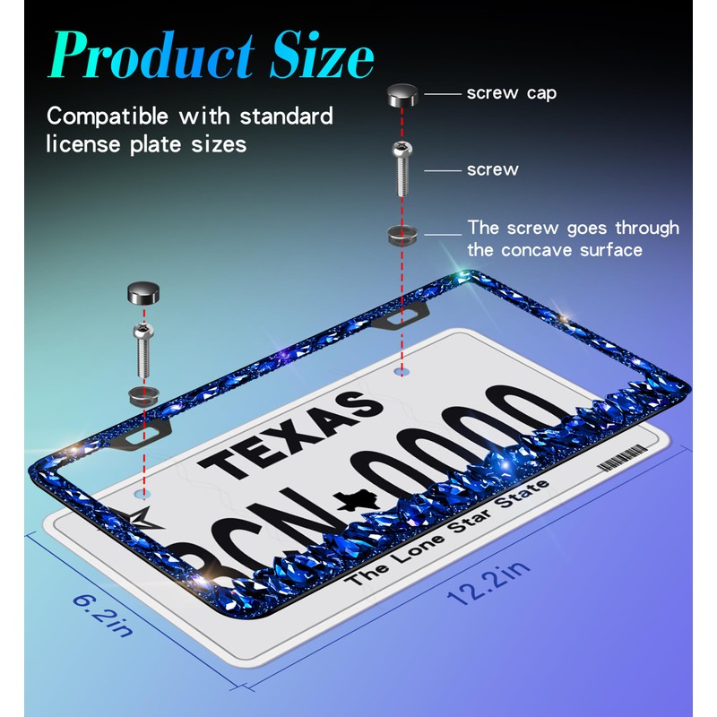 Murimt Blue Bling License Plate Frames 2 Pack Sparkly Glitter