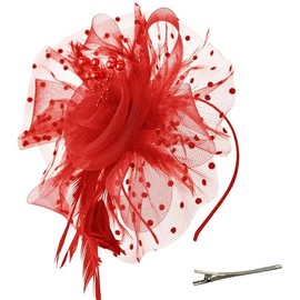 Fascinators Hat Kentucky Derby Tea Party Headwear for Women Girls Flower Mesh Ribbons Feathers Headband Red