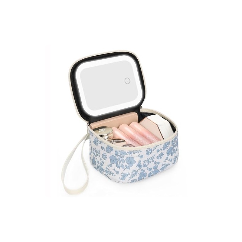 Relavel Mini Makeup Bag with Led Mirror, Small Floral Cosmetic