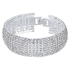 Sparkly Silver Plated Rhinestone Crystal Wide Multilayer Chain Link Bracelet for Women Wedding Prom Costume Jewelry (9 Rows, 15.5 CM)