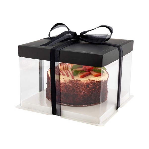 Restaurantware Sweet Vision 8.5 In x 6.75 In Transparent Cake Boxes, 10 Grease Resistant Base Clear Cake Boxes - Black Lid, Black Ribbon, Clear Plastic Birthday Cake Boxes, For Weddings Or Birthdays